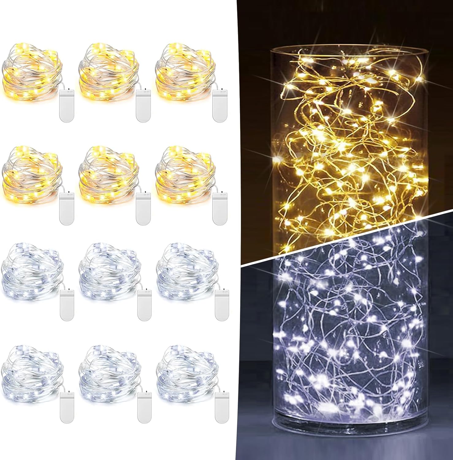 6 Pack Fairy Lights Battery Operated 7ft 20 LED Mini String Lights Twinkle Lights Silver Wire Firefly Starry Moon Lights for Mason Jars Wedding Party Christmas Centerpiece Table Decorations,Warm White