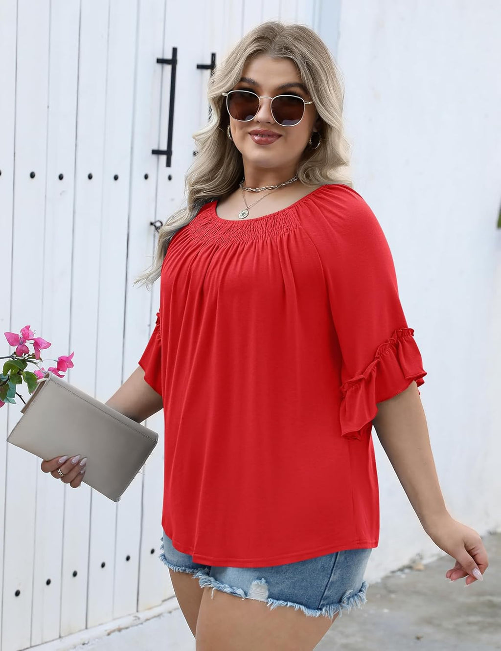 Micoson Womens Plus Size Tops 3/4 Ruffle Sleeve Shirts Crewneck Pleated Blouses Dressy Casual Fashion Tunic Top (1X-5X)
