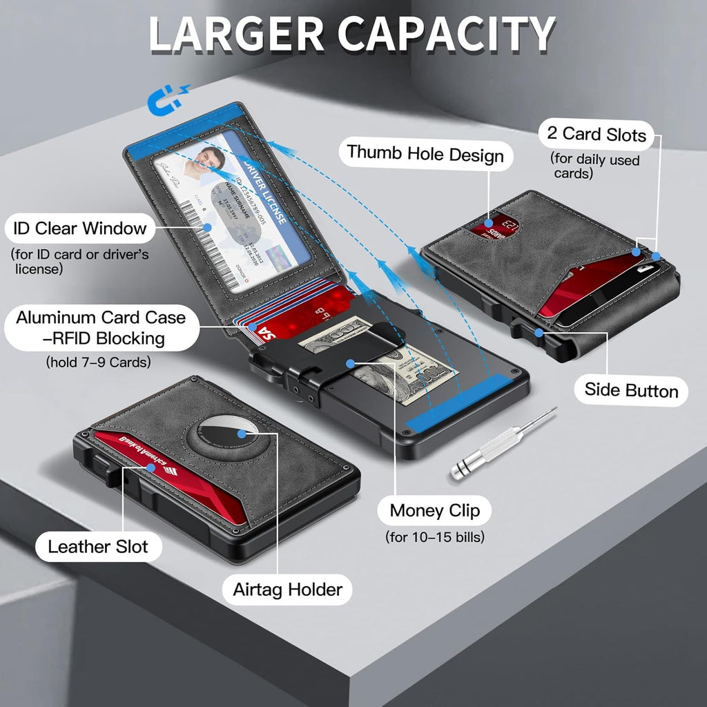 Airtag Wallet for Men, Mens Smart Wallet for Air Tag RFID Blocking, Minimalist Bifold Pop Up Aluminum Credit Card Case Holder 12+ Cards with ID Window, Gift for Men, No Airtag Included, Carbon Fiber