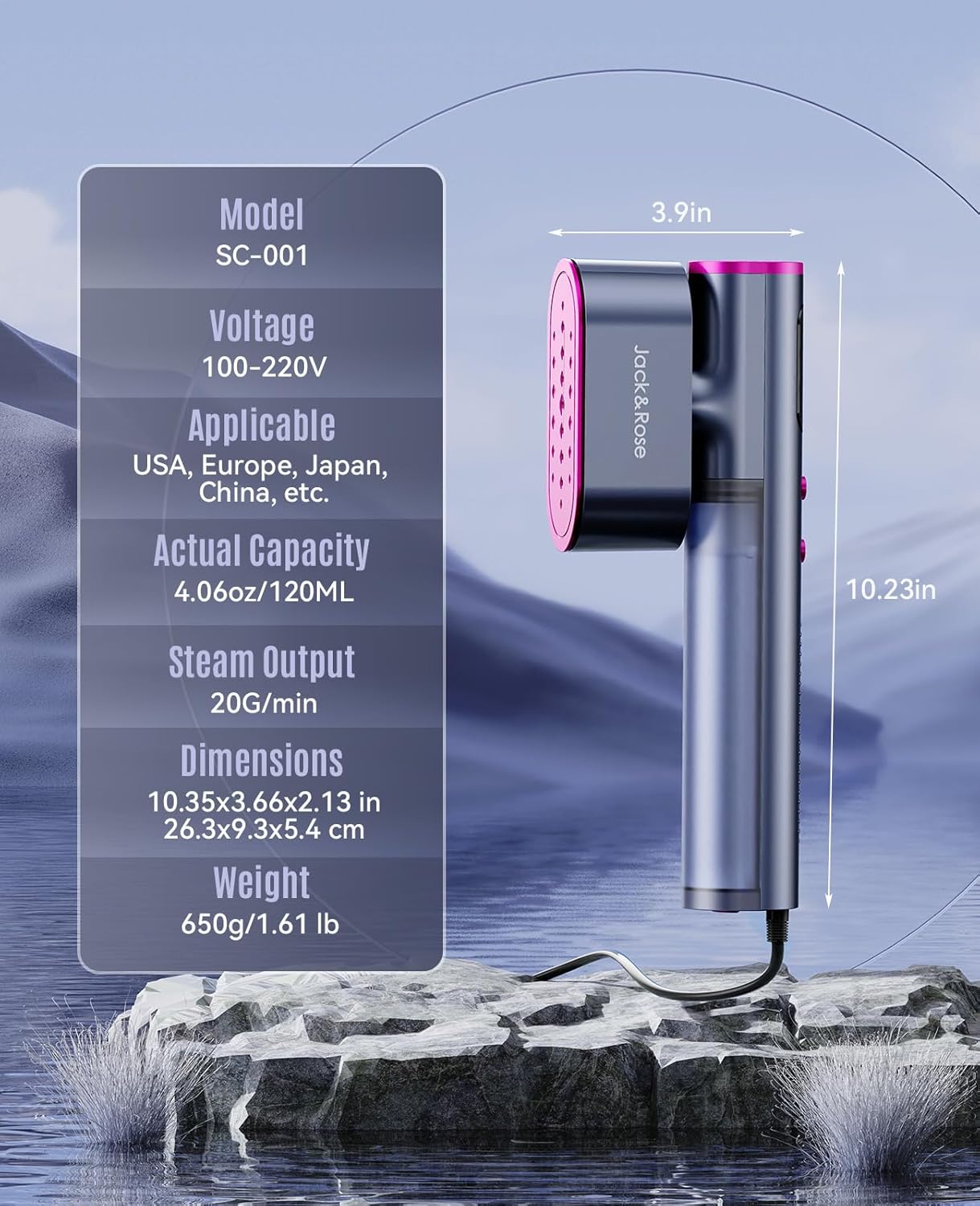 Jack ＆ Rose Travel Steamer for Clothes,100-220V Portable Iron,15s Heat Up,Steamer ＆ Iron 2 In 1, Travel Size,Large Ceramic Heat Panel,for Global ＆ Europe