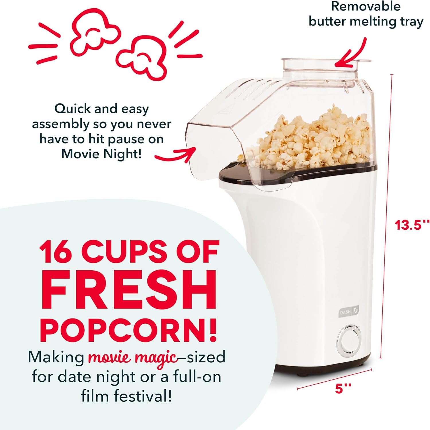 DASH Hot Air Popcorn Popper Maker with Measuring Cup to Portion Popping Corn Kernels + Melt Butter, 16 Cups - Aqua