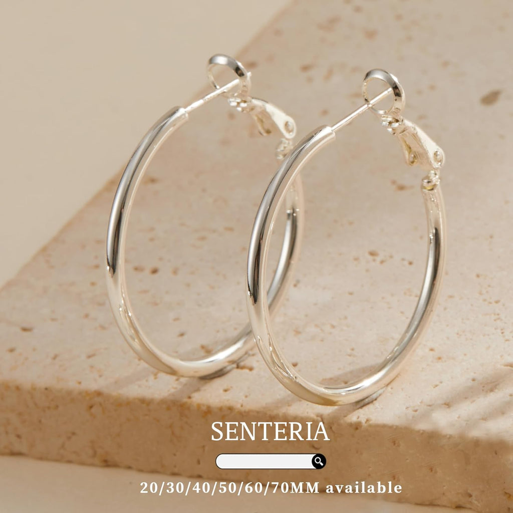 Senteria 2mm Wide 925 Sterling Silver Hoop Earrings for Women Hypoallergenic Lightweight Thin Large Big Gold Plated Hoops Earrings for Women 20/30/50/70MM