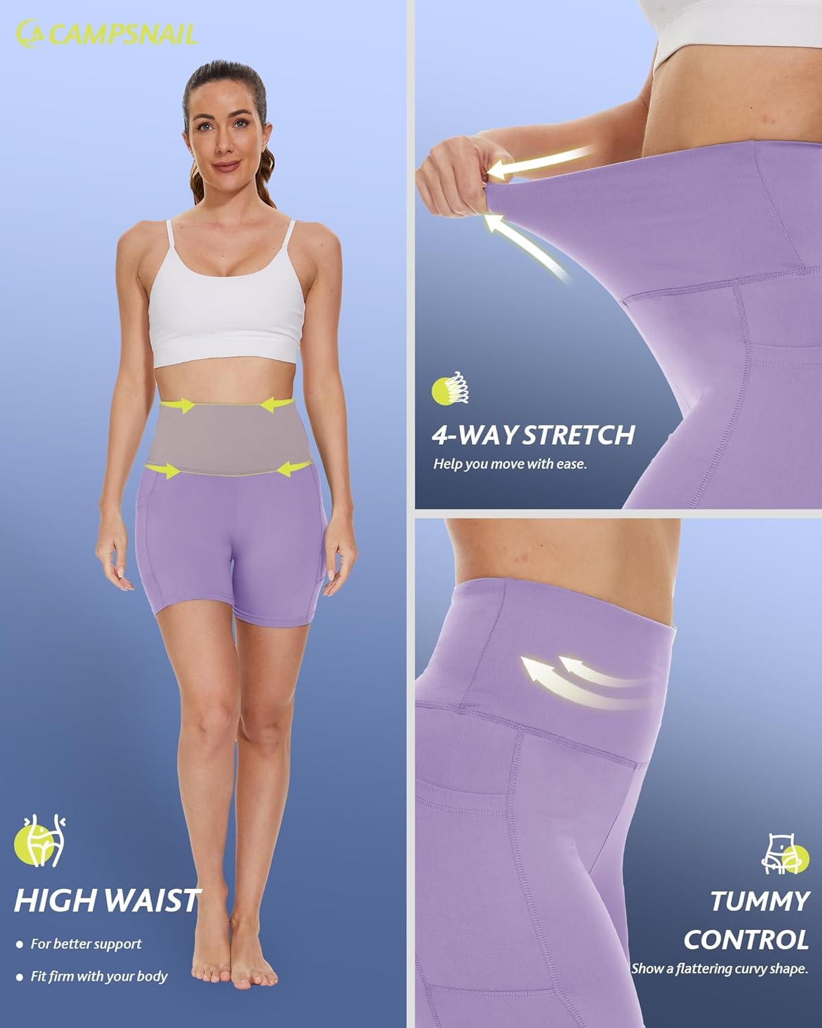 CAMPSNAIL Biker Shorts Women with Pockets - 3"/5"/8" High Waisted Workout Spandex Tummy Control Gym Running Yoga Shorts
