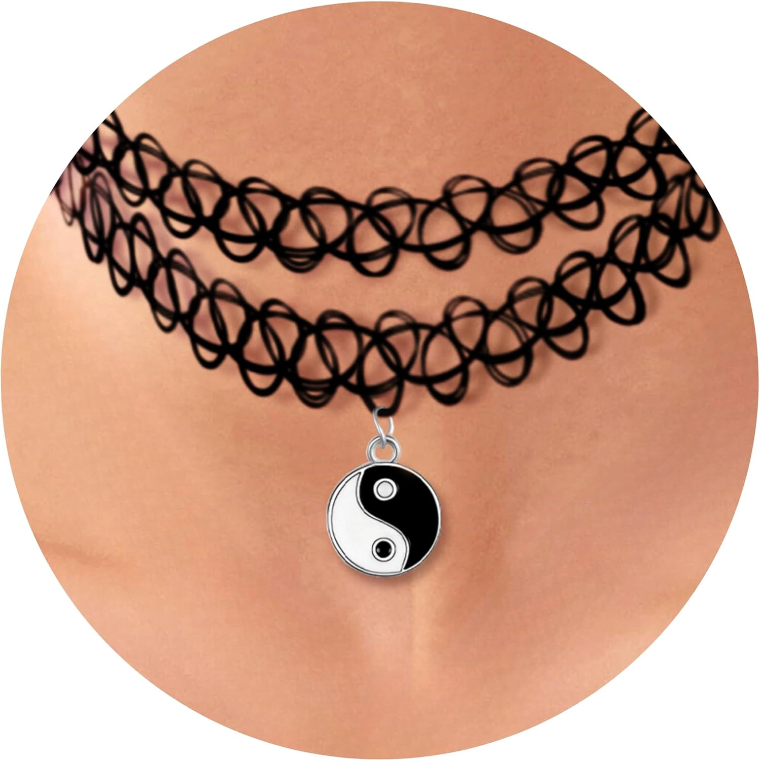 BodyJ4You 2PC Tattoo Choker Necklace - 90s Choker Necklace Women - 2000s Y2K Black Chokers Rainbow Choker - Butterfly Ying Yang Unicorn Rainbow Charms - Stretchy Elastic Necklace