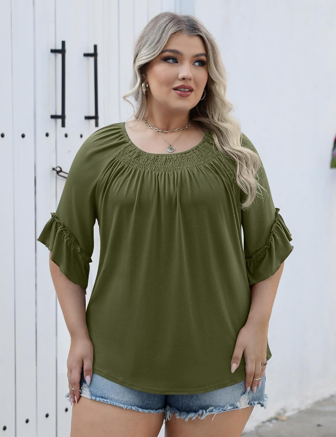 Micoson Womens Plus Size Tops 3/4 Ruffle Sleeve Shirts Crewneck Pleated Blouses Dressy Casual Fashion Tunic Top (1X-5X)