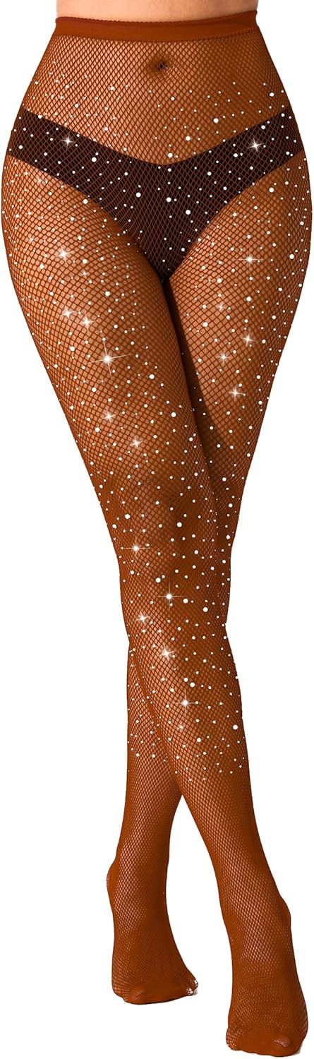 VEBZIN Sexy Sparkly Fishnets Stockings Jeweled High Waist Fishnet Tights for Women Rhinestone Party Pantyhose