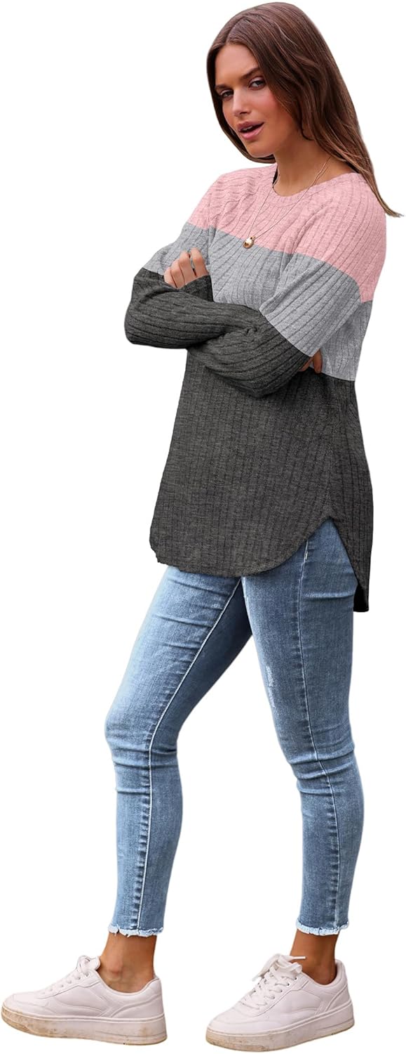 Saloogoe Long Sleeve Shirts for Women 2025 Fall Clothes Tunic Tops Loose Fit Dressy Crewneck Pullover Sweaters Curved Hem