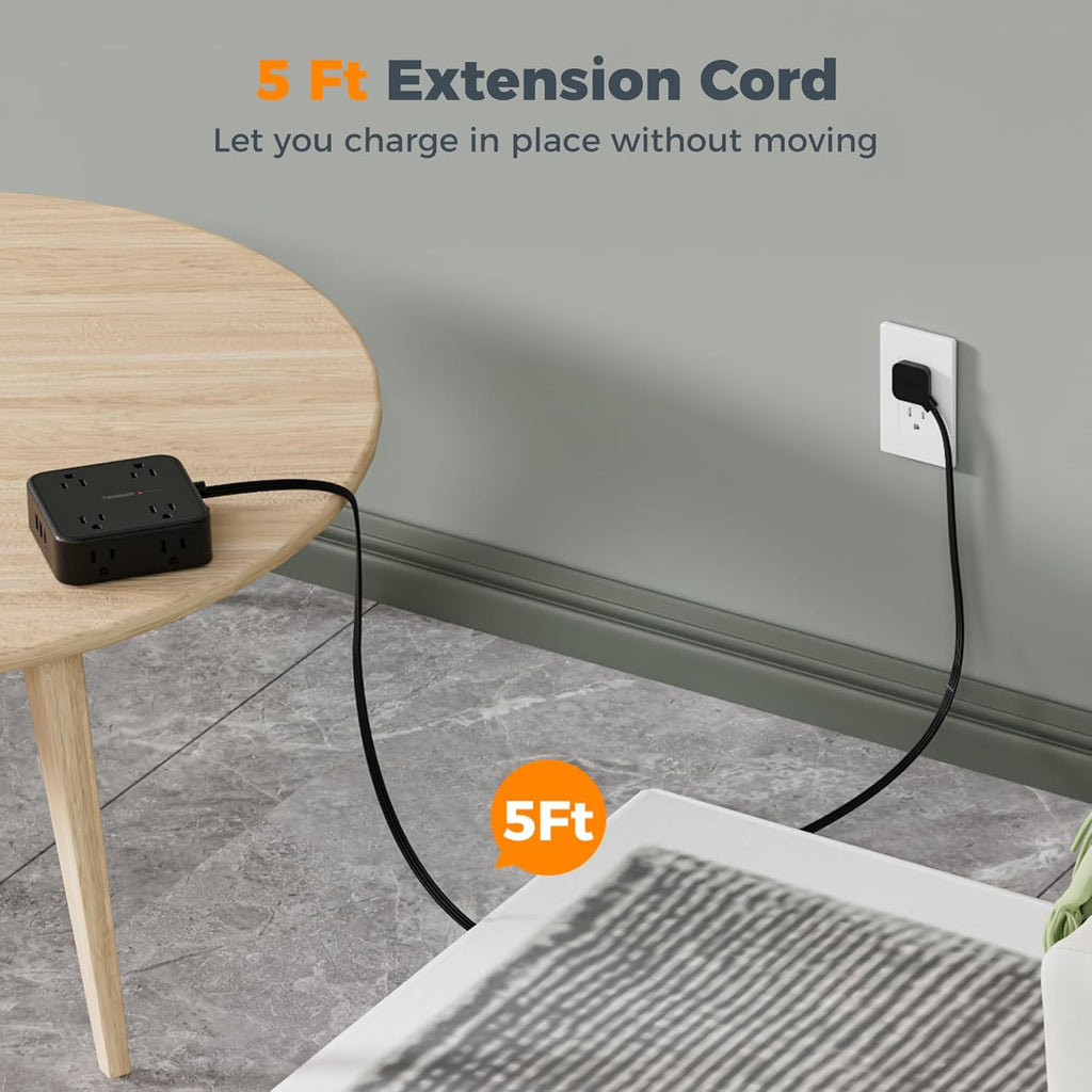 TESSAN Surge Protector Power Strip, 5 Ft Flat Plug Extension Cord with 3 USB (1 USB C) 8 Outlets, 900J Surge Protection, 3 Sided Outlet Extender with Power Switch for Office, Dorm Room Essentials