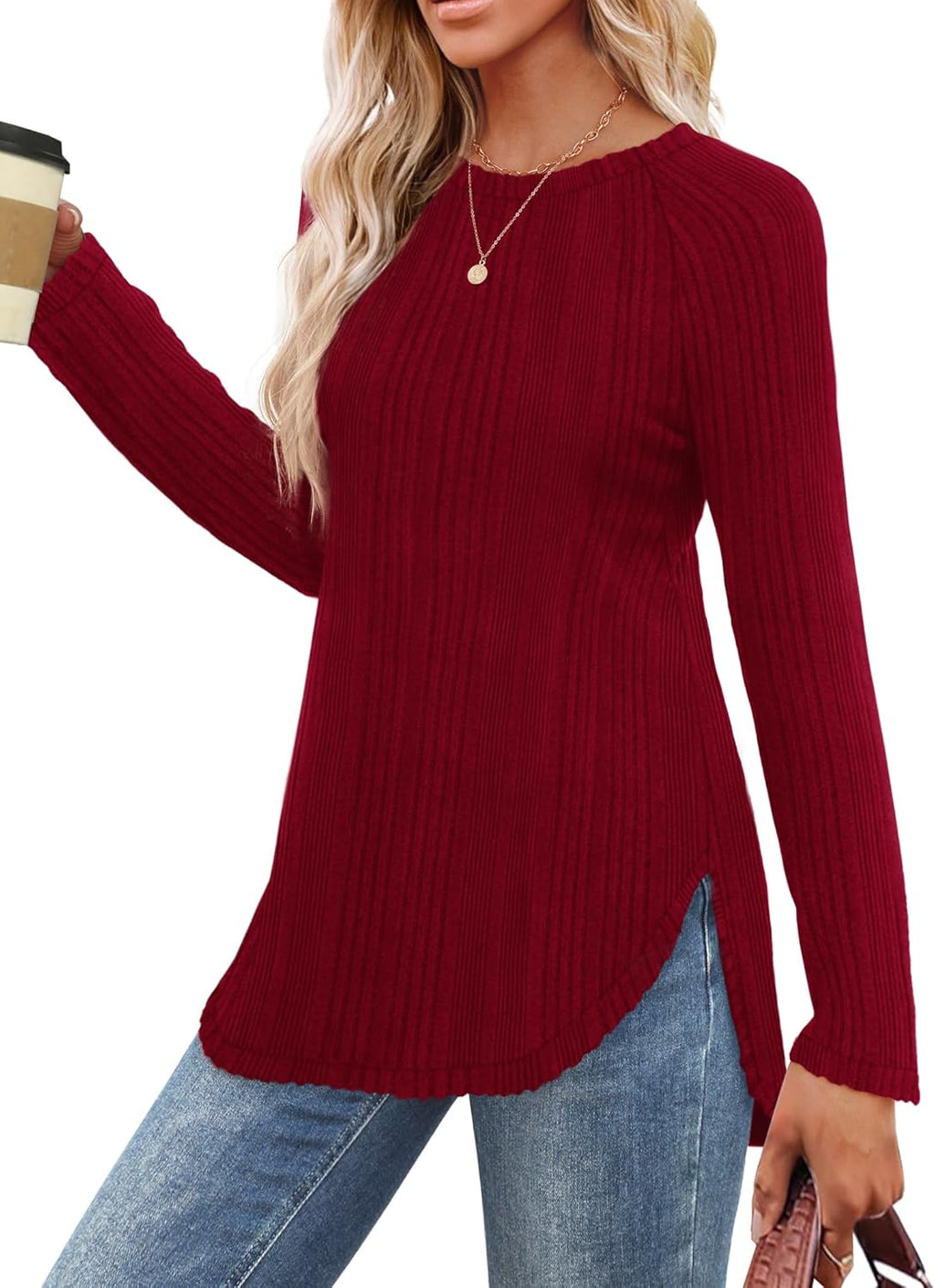 Saloogoe Long Sleeve Shirts for Women 2025 Fall Clothes Tunic Tops Loose Fit Dressy Crewneck Pullover Sweaters Curved Hem