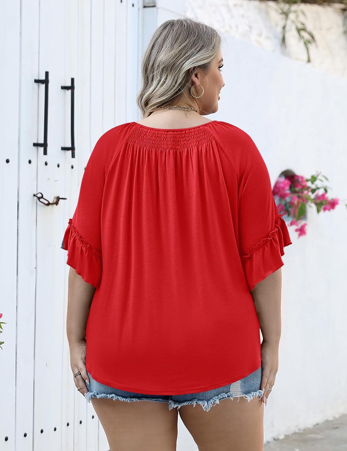 Micoson Womens Plus Size Tops 3/4 Ruffle Sleeve Shirts Crewneck Pleated Blouses Dressy Casual Fashion Tunic Top (1X-5X)