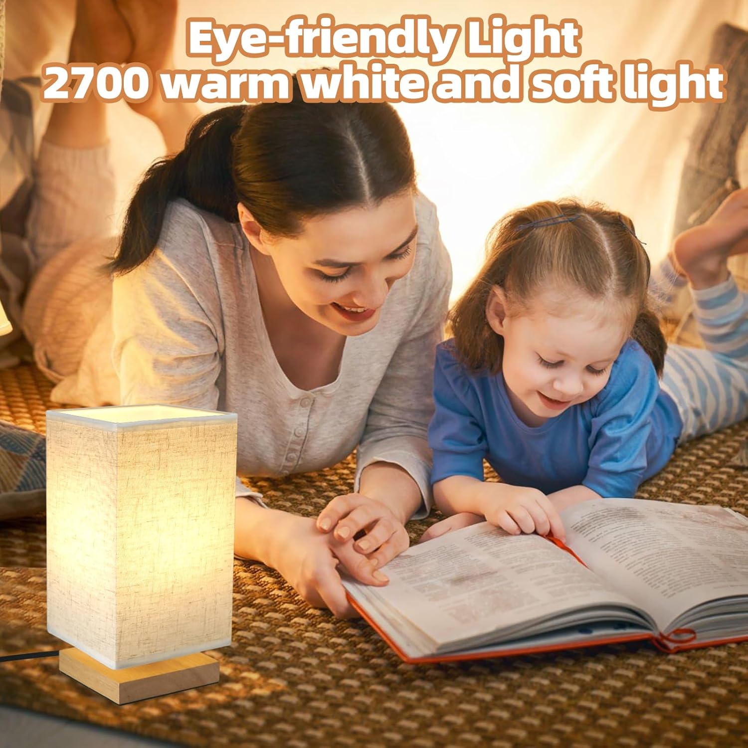 Small Bedside Table Lamp for Bedroom, Minimalist Wood Base & Round Fabric Shade, Mini Cute Cozy Warm White Nightstand Boho Lamp, Study Desk Night Stand Light for Room, Dorm, Nursery, Living Room