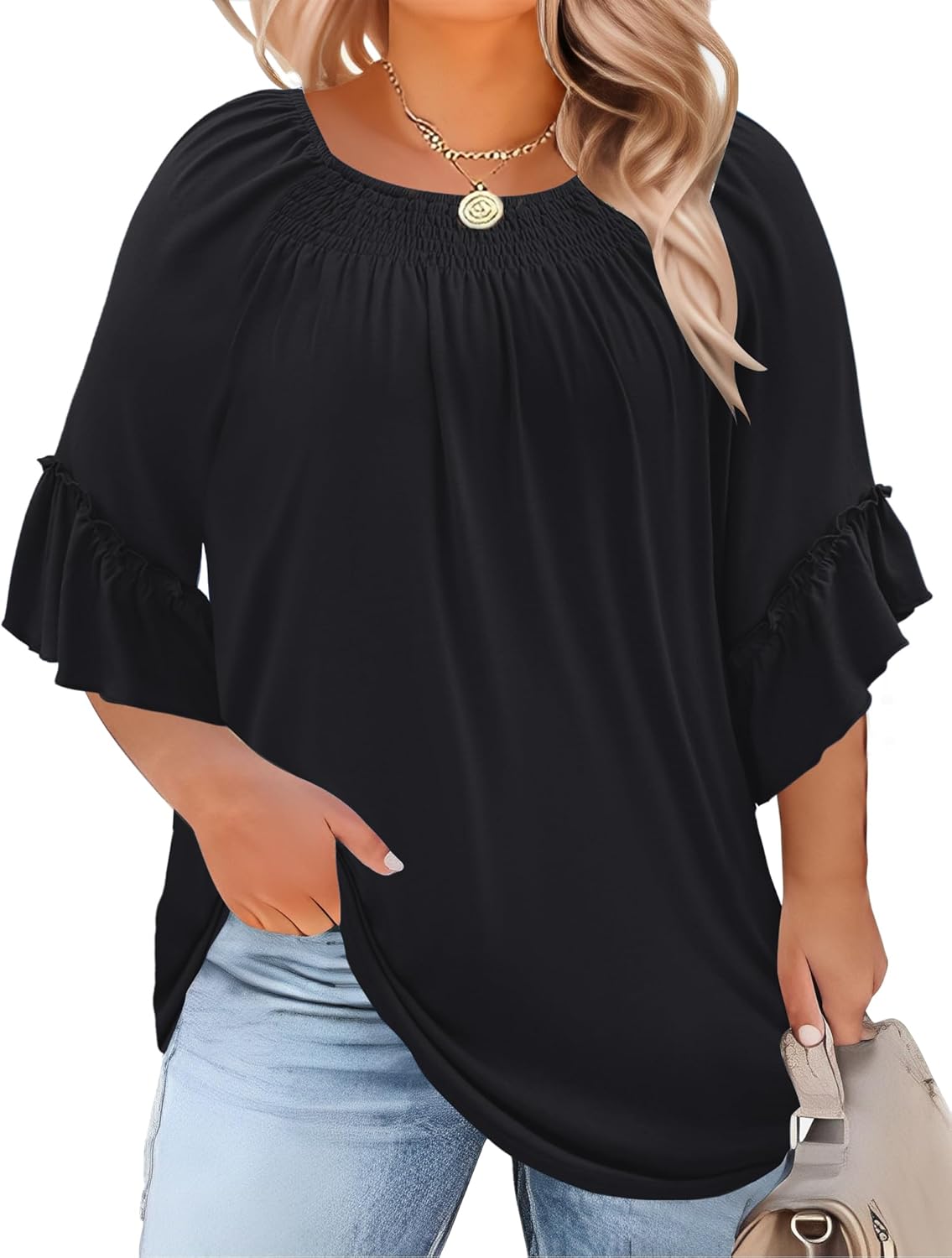 Micoson Womens Plus Size Tops 3/4 Ruffle Sleeve Shirts Crewneck Pleated Blouses Dressy Casual Fashion Tunic Top (1X-5X)