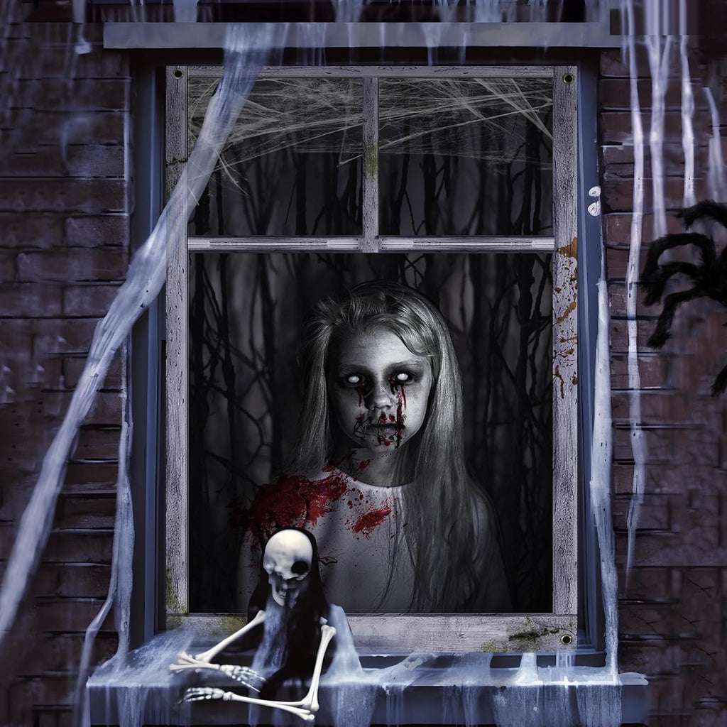 EDYCON 2 Pack Halloween Ghost Curtain Decorations Halloween Window Scary Female Ghost Window Cover Halloween Poster for Indoor Outdoor Party Decor (Female Ghost)