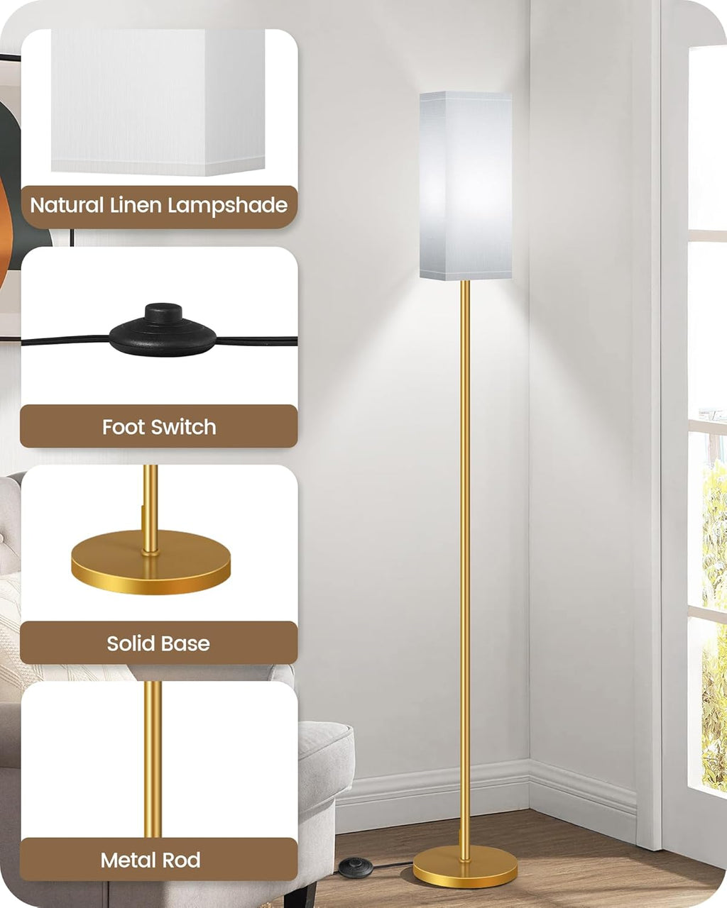 64.6" Floor Lamp, Pole with Foot Switch, Modern Standing Lamp Lampshade, Minimalist Freestanding Lamp (Bulb Not Included), for Living Room, Bedroom Office ETL Listed, Black and Beige E07LD05