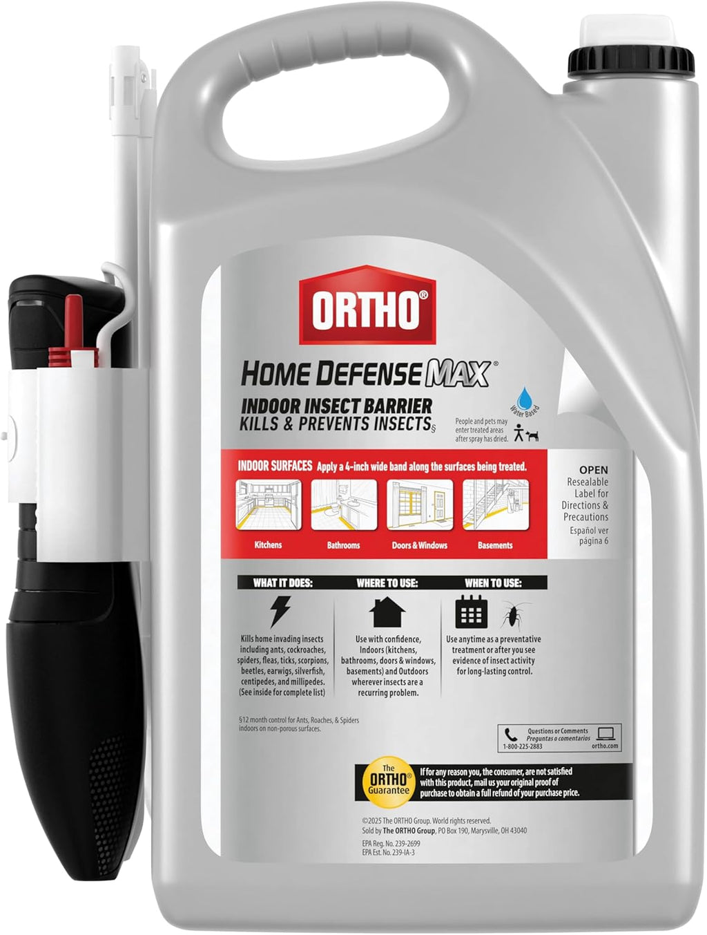 Ortho Home Defense Max Indoor Insect Barrier with Extended Reach Comfort Wand, Kills Ants, Roaches, Spiders, Fleas and Ticks, 1 gal.