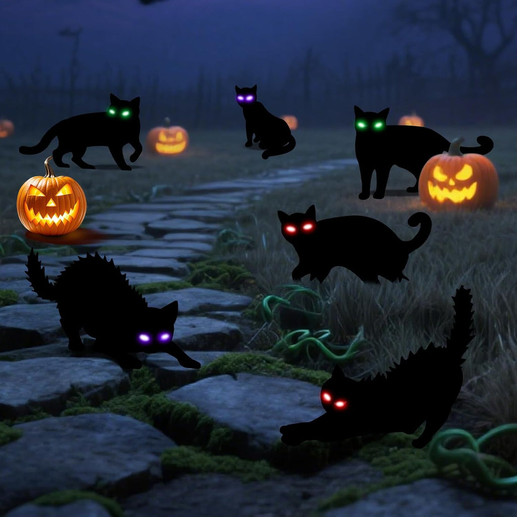 6Pack Black Cat Halloween Decorations Outdoor with LED Glowing Eyes Lights Black Cat Yard Stakes Halloween Decor, Waterproof Outside Cats Blow up Scary Patio Lawn Decorations