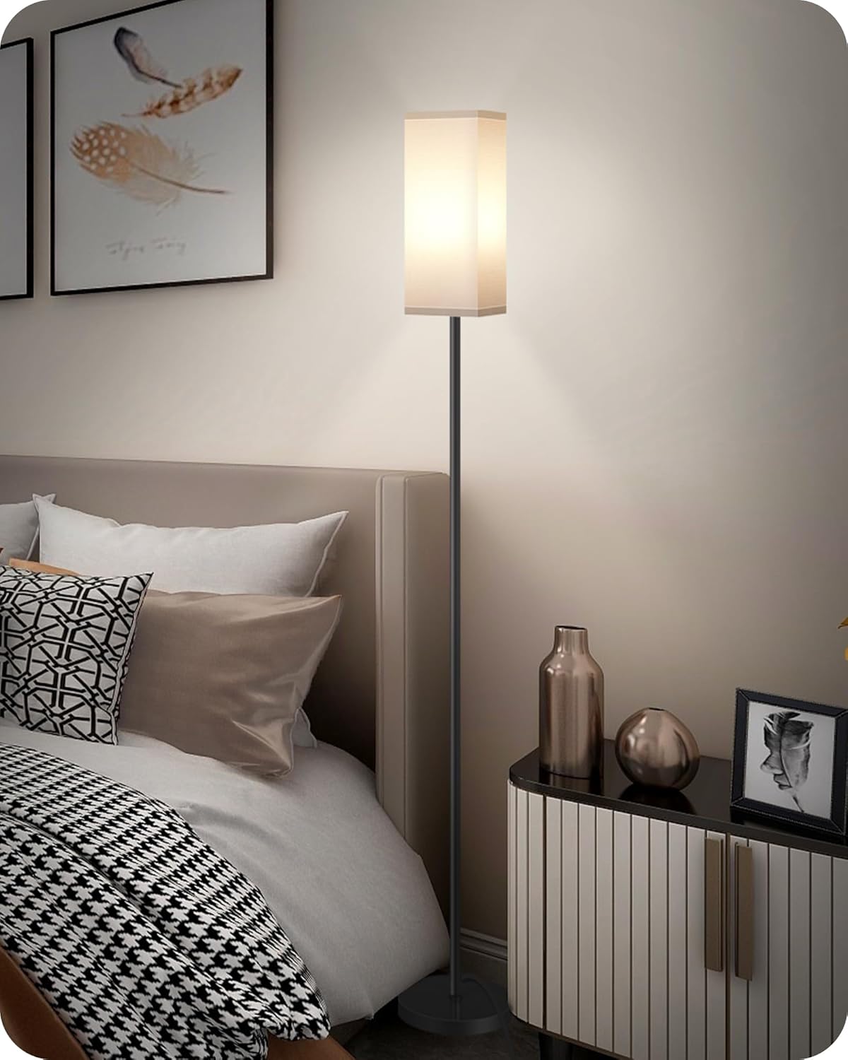 64.6" Floor Lamp, Pole with Foot Switch, Modern Standing Lamp Lampshade, Minimalist Freestanding Lamp (Bulb Not Included), for Living Room, Bedroom Office ETL Listed, Black and Beige E07LD05