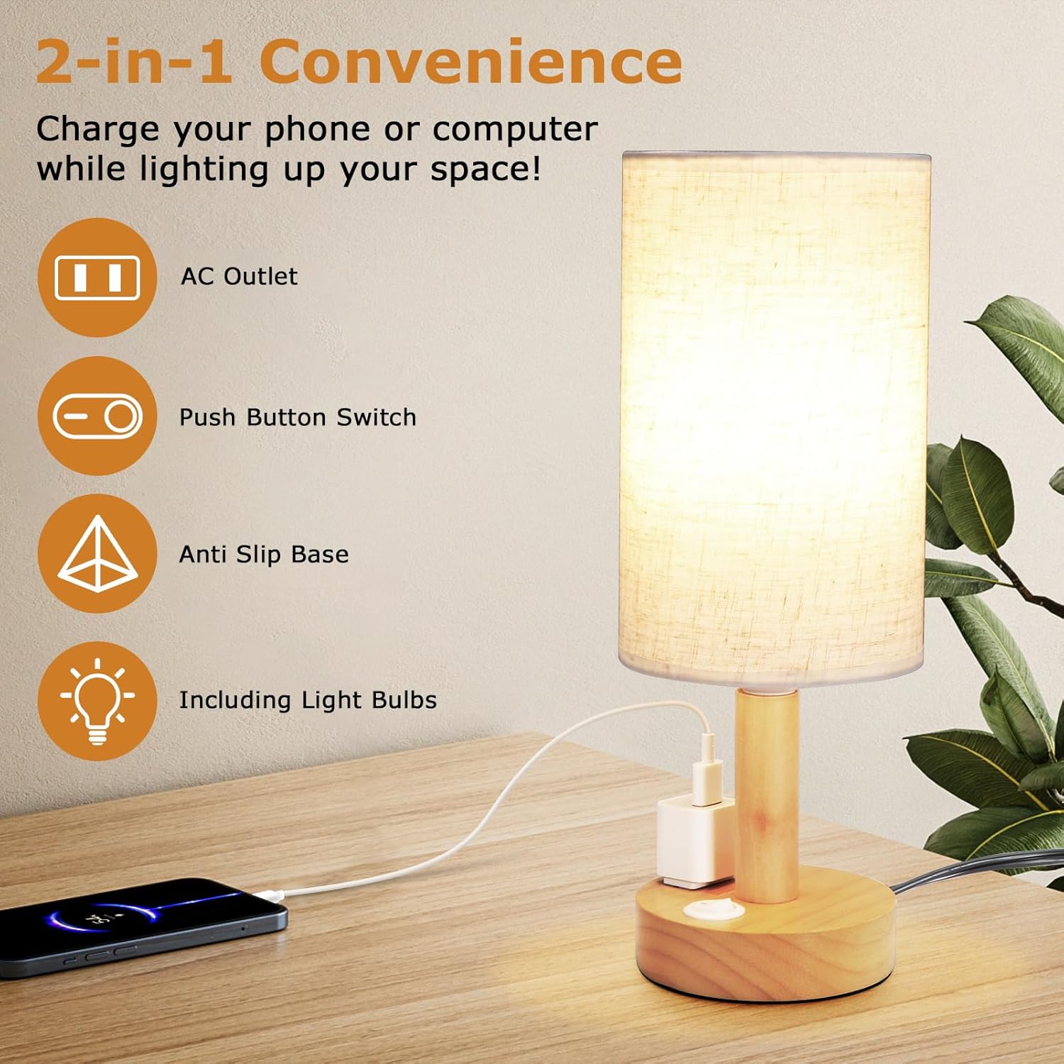 Small Bedside Table Lamp for Bedroom, Minimalist Wood Base & Round Fabric Shade, Mini Cute Cozy Warm White Nightstand Boho Lamp, Study Desk Night Stand Light for Room, Dorm, Nursery, Living Room