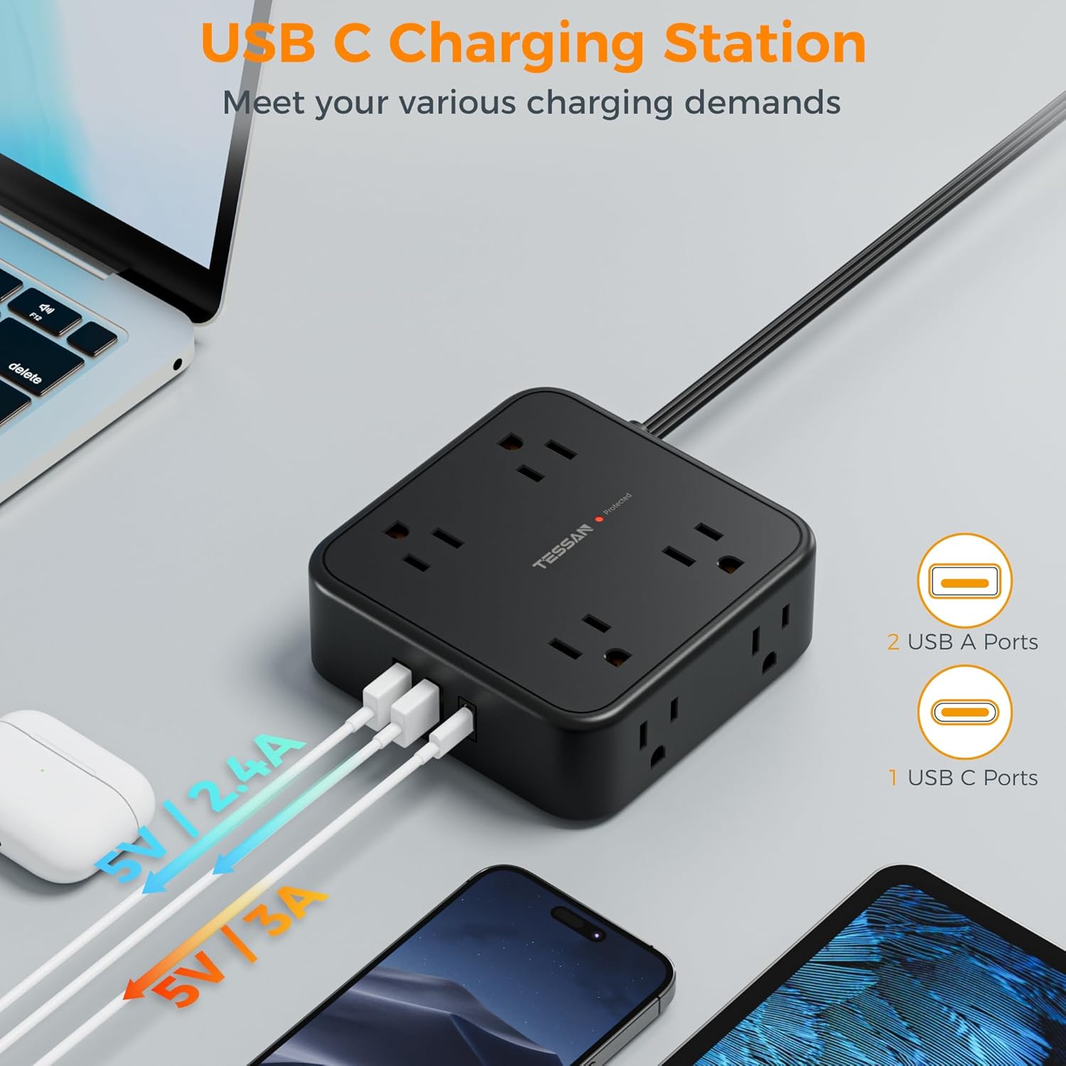 TESSAN Surge Protector Power Strip, 5 Ft Flat Plug Extension Cord with 3 USB (1 USB C) 8 Outlets, 900J Surge Protection, 3 Sided Outlet Extender with Power Switch for Office, Dorm Room Essentials