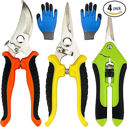 Pruning Shears, 4 Pack Garden Shears with Gardening gloves, Clippers Handheld, Stainless Steel Garden Snips, Lengnoyp Pruners for Gardening