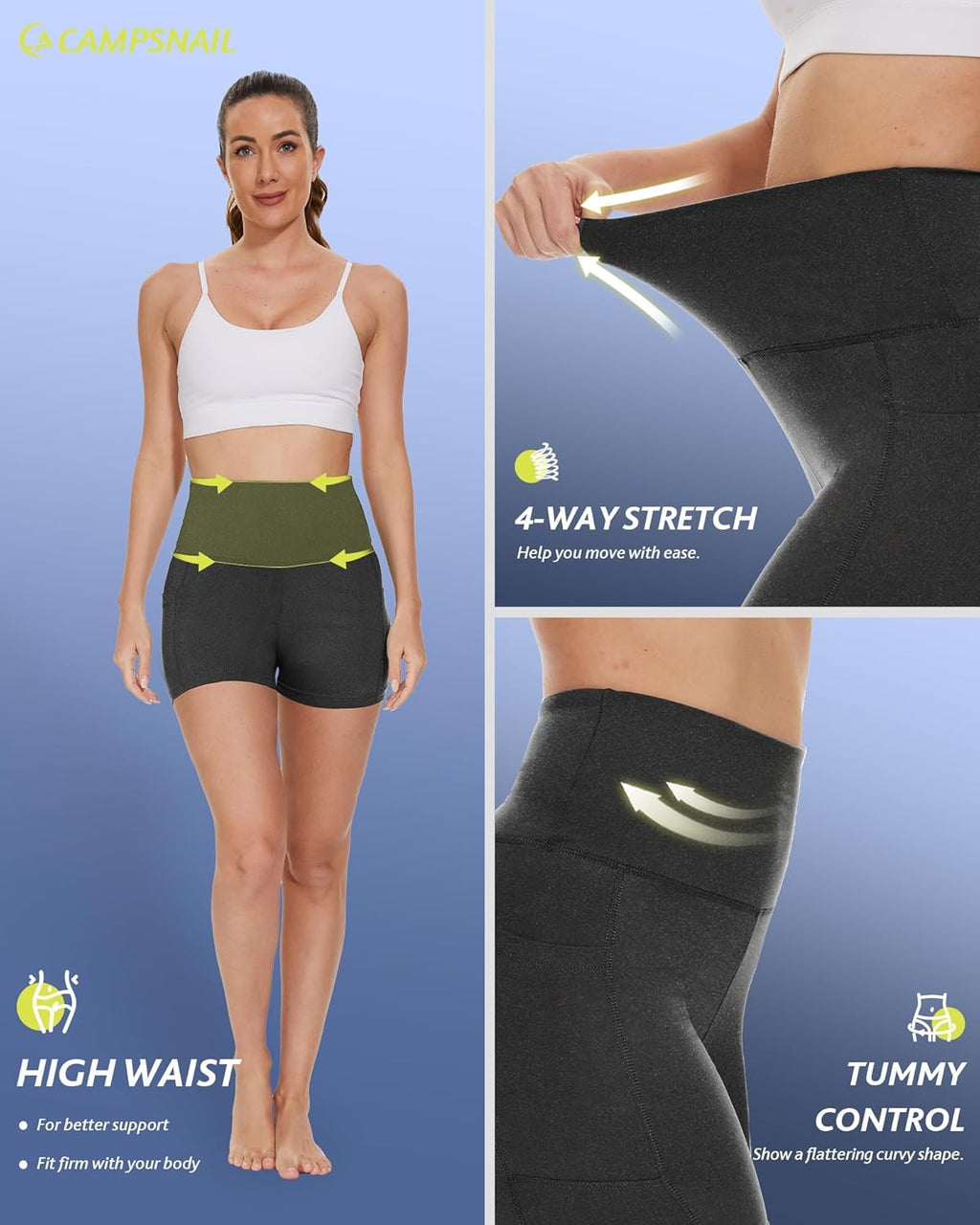 CAMPSNAIL Biker Shorts Women with Pockets - 3"/5"/8" High Waisted Workout Spandex Tummy Control Gym Running Yoga Shorts