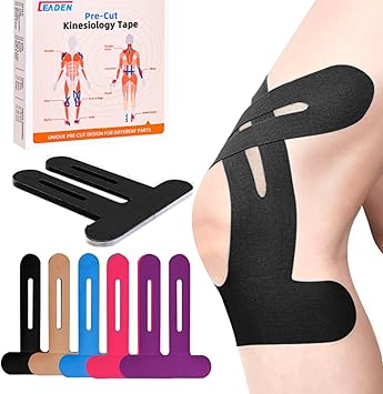 IEADEN Precut Kinesiology Tape for Knees, 10 Pcs - Knee Support & Stability, Knee Pain Relief Athletic Tape - Waterproof & Elastic, Breathable Hypoallergenic Latex-Free Tape, Black