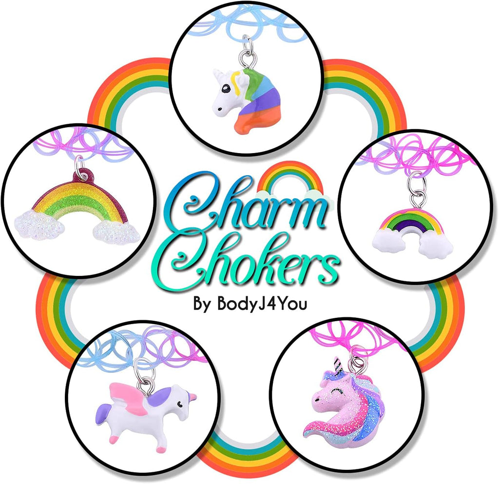 BodyJ4You 2PC Tattoo Choker Necklace - 90s Choker Necklace Women - 2000s Y2K Black Chokers Rainbow Choker - Butterfly Ying Yang Unicorn Rainbow Charms - Stretchy Elastic Necklace