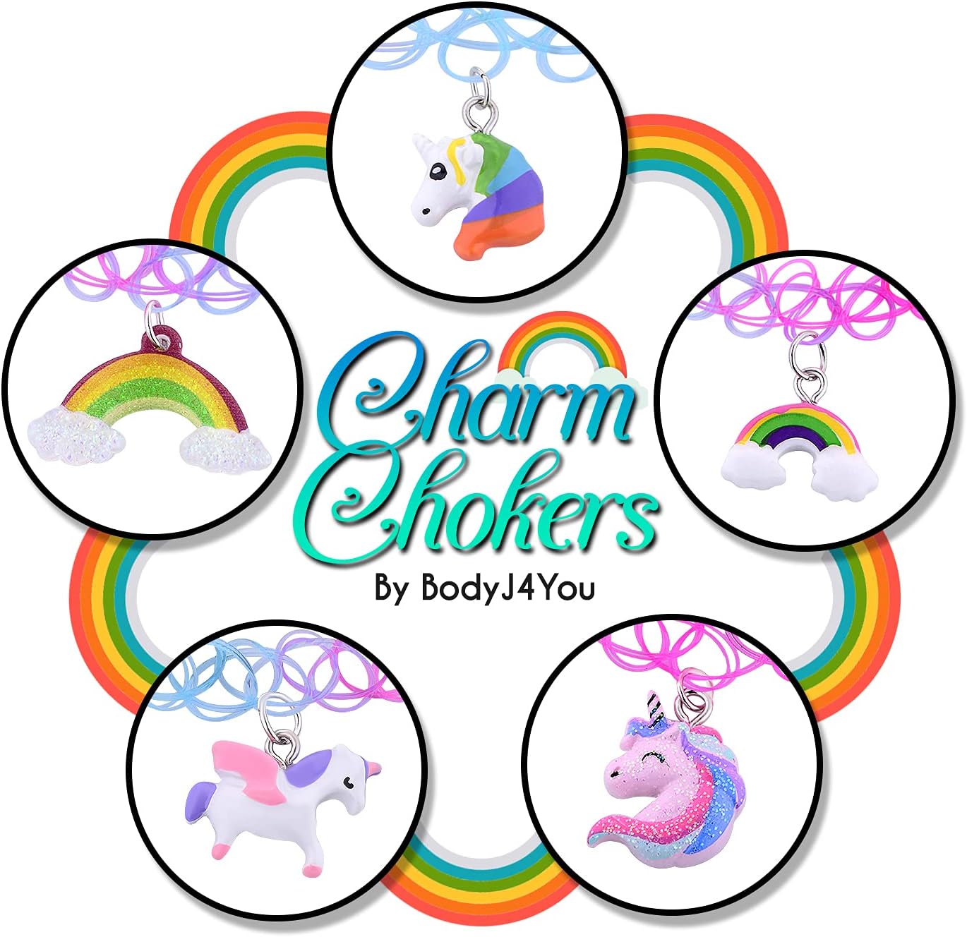 BodyJ4You 2PC Tattoo Choker Necklace - 90s Choker Necklace Women - 2000s Y2K Black Chokers Rainbow Choker - Butterfly Ying Yang Unicorn Rainbow Charms - Stretchy Elastic Necklace