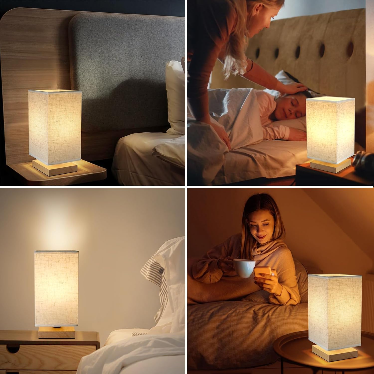 Small Bedside Table Lamp for Bedroom, Minimalist Wood Base & Round Fabric Shade, Mini Cute Cozy Warm White Nightstand Boho Lamp, Study Desk Night Stand Light for Room, Dorm, Nursery, Living Room
