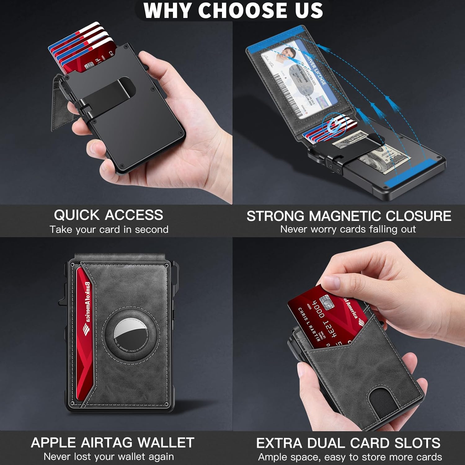 Airtag Wallet for Men, Mens Smart Wallet for Air Tag RFID Blocking, Minimalist Bifold Pop Up Aluminum Credit Card Case Holder 12+ Cards with ID Window, Gift for Men, No Airtag Included, Carbon Fiber