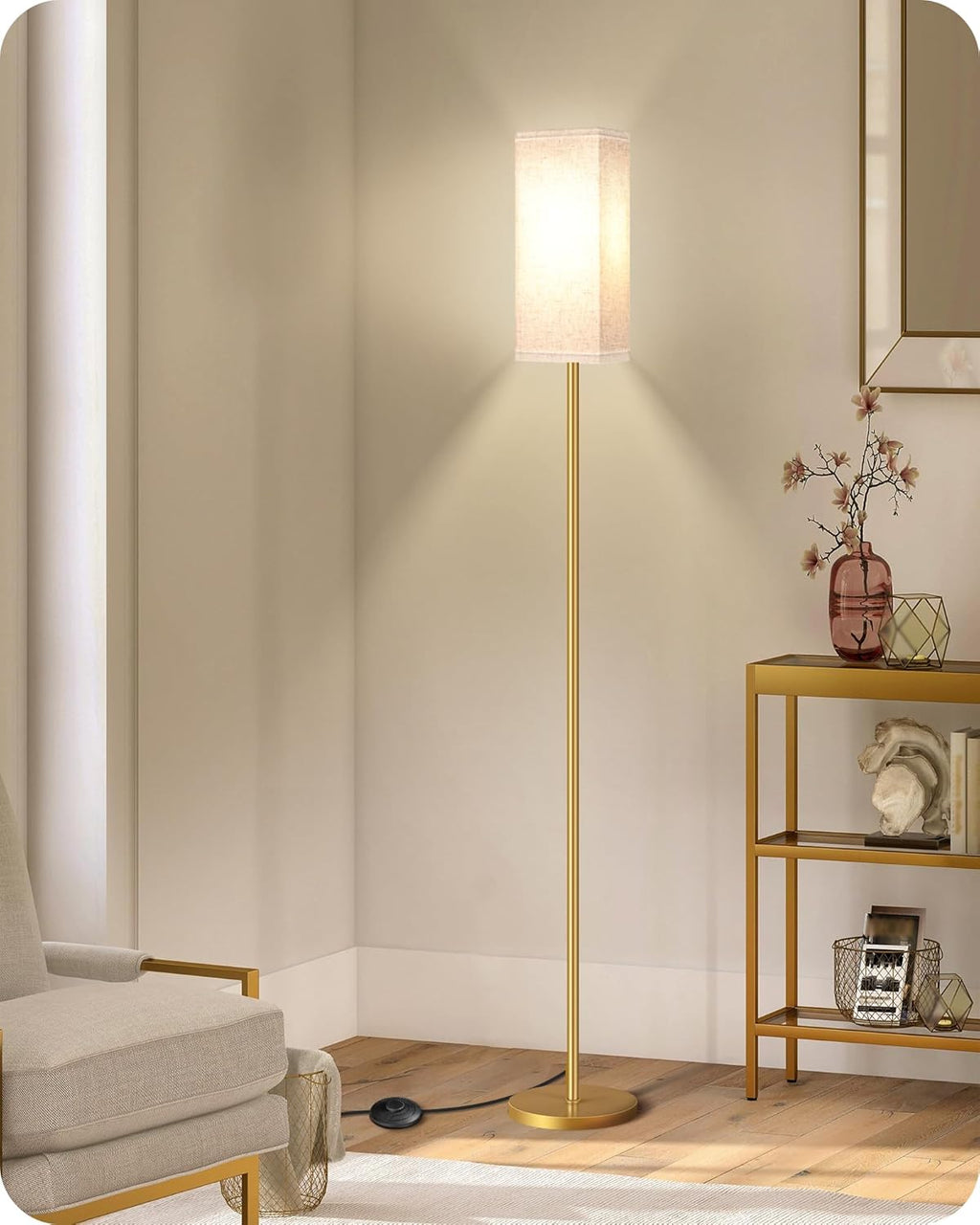 64.6" Floor Lamp, Pole with Foot Switch, Modern Standing Lamp Lampshade, Minimalist Freestanding Lamp (Bulb Not Included), for Living Room, Bedroom Office ETL Listed, Black and Beige E07LD05