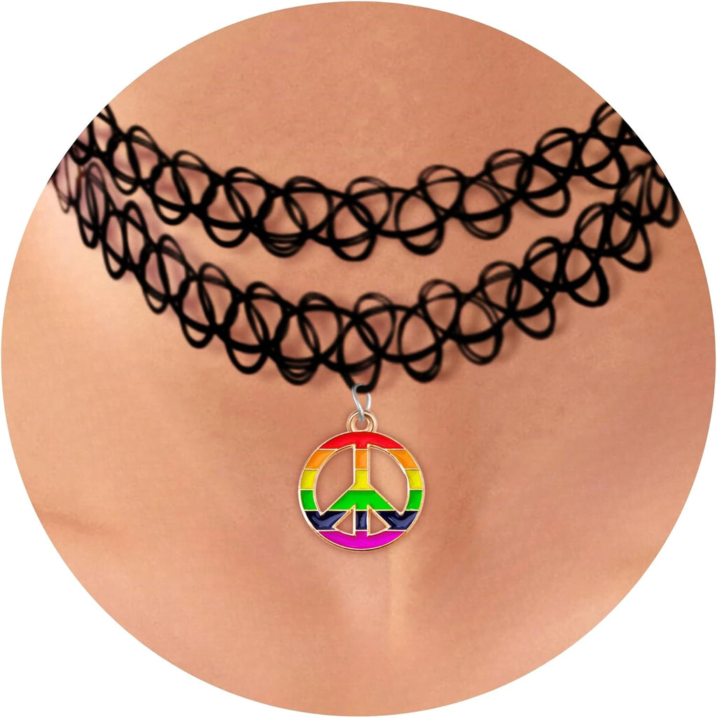 BodyJ4You 2PC Tattoo Choker Necklace - 90s Choker Necklace Women - 2000s Y2K Black Chokers Rainbow Choker - Butterfly Ying Yang Unicorn Rainbow Charms - Stretchy Elastic Necklace