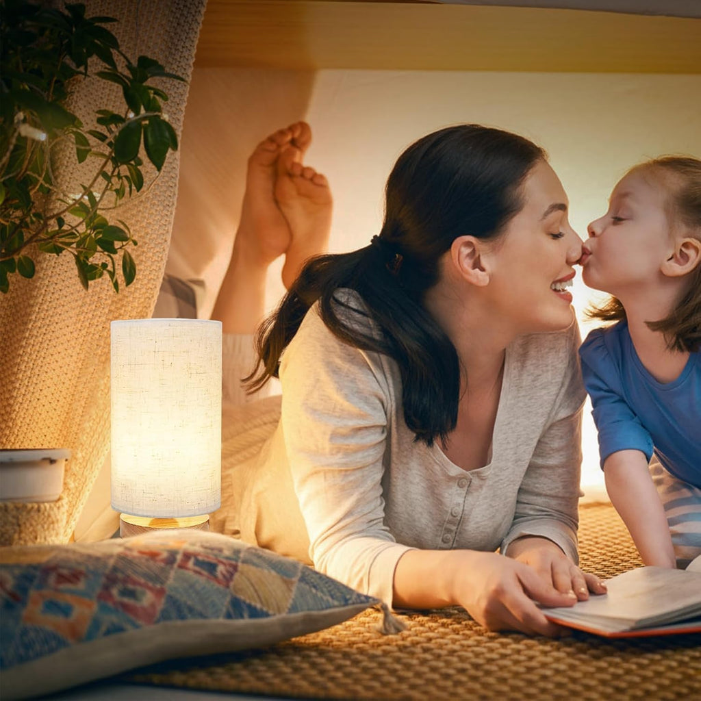 Small Bedside Table Lamp for Bedroom, Minimalist Wood Base & Round Fabric Shade, Mini Cute Cozy Warm White Nightstand Boho Lamp, Study Desk Night Stand Light for Room, Dorm, Nursery, Living Room