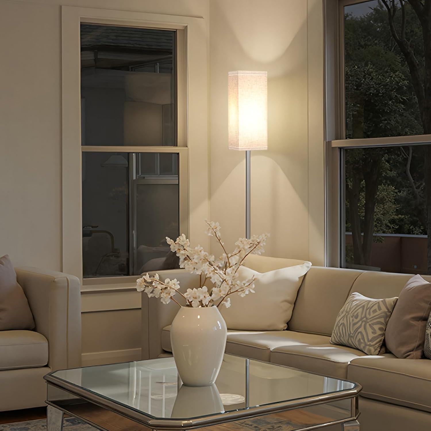 64.6" Floor Lamp, Pole with Foot Switch, Modern Standing Lamp Lampshade, Minimalist Freestanding Lamp (Bulb Not Included), for Living Room, Bedroom Office ETL Listed, Black and Beige E07LD05