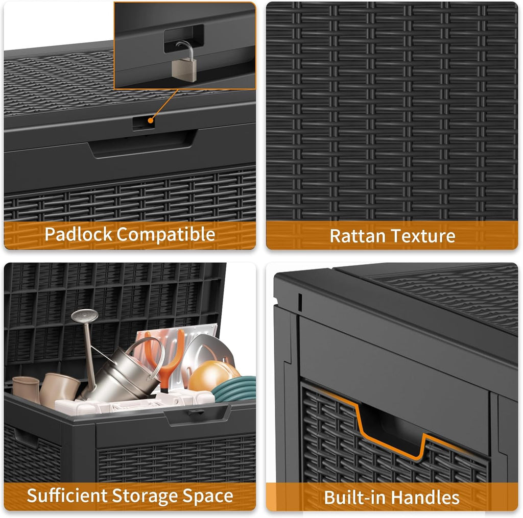 80 Gallon Resin Deck Box, Lockable Patio Outdoor Storage Box for Furniture, Garden Tools and Tools Storage, Waterproof Outside Storage Box - Black