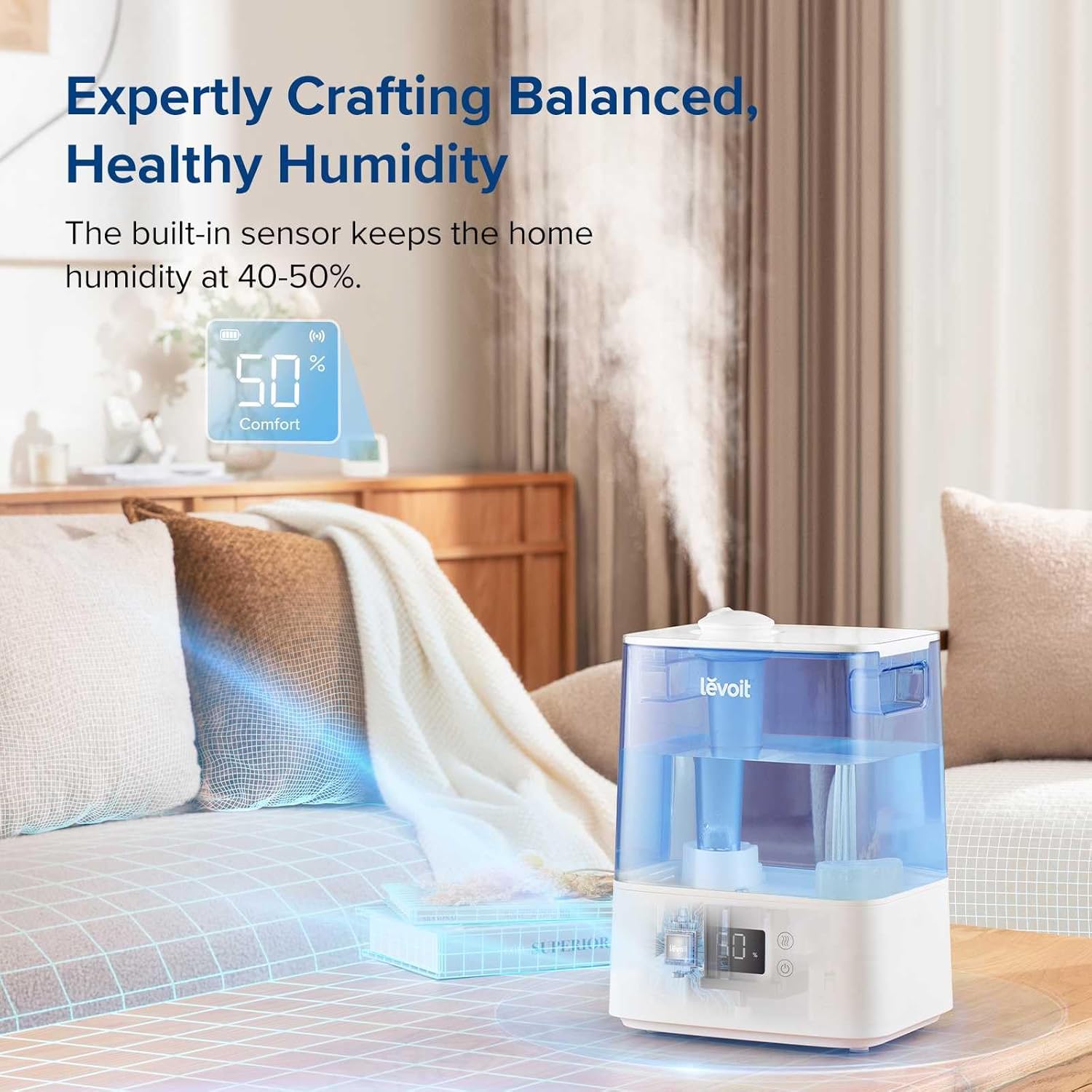 LEVOIT Smart Humidifiers for Bedroom Large Room Home,(6L) Cool Mist Top Fill Essential Oil Diffuser for Baby & Plants,Smart App & Voice Control, Rapid Humidification & Auto Mode-Quiet Sleep Mode, Gray