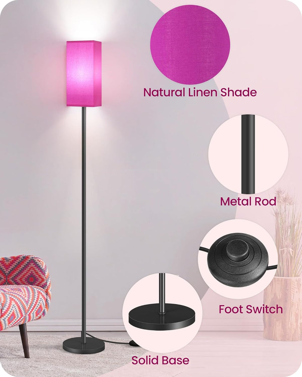 64.6" Floor Lamp, Pole with Foot Switch, Modern Standing Lamp Lampshade, Minimalist Freestanding Lamp (Bulb Not Included), for Living Room, Bedroom Office ETL Listed, Black and Beige E07LD05