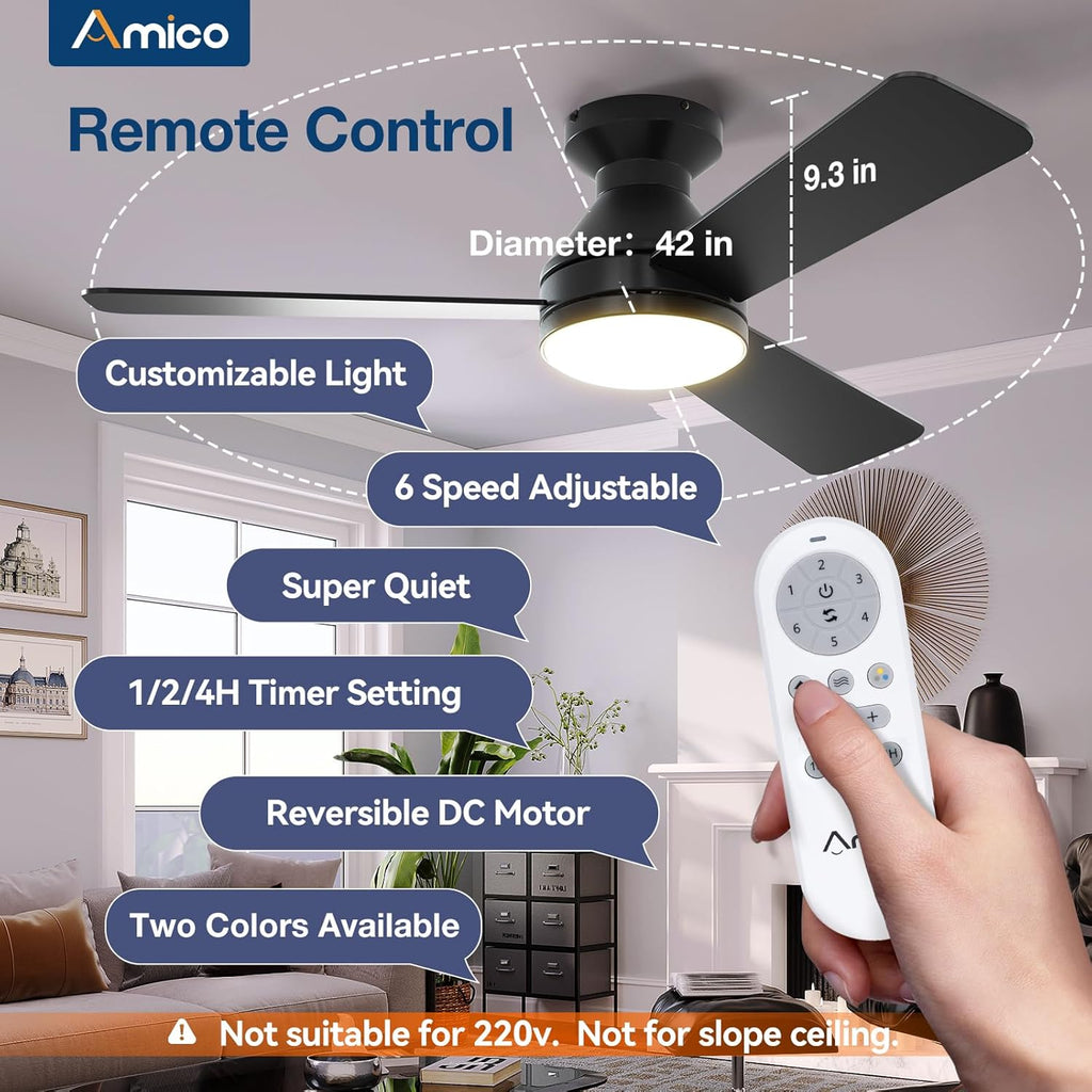 Amico Ceiling Fans with Lights, 42 inch Low Profile Ceiling Fan with Light and Remote Control, Flush Mount, Reversible, 3CCT, Dimmable, Noiseless, Black Ceiling Fan for Bedroom, Indoor/Outdoor Use