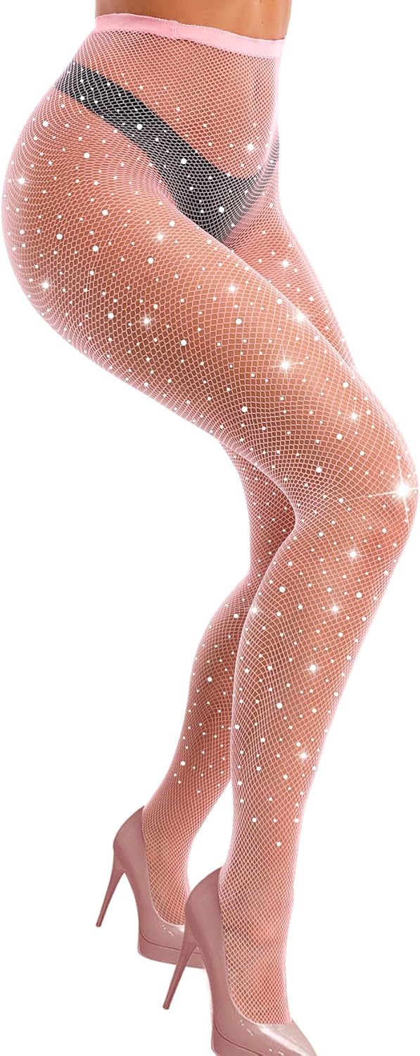 VEBZIN Sexy Sparkly Fishnets Stockings Jeweled High Waist Fishnet Tights for Women Rhinestone Party Pantyhose