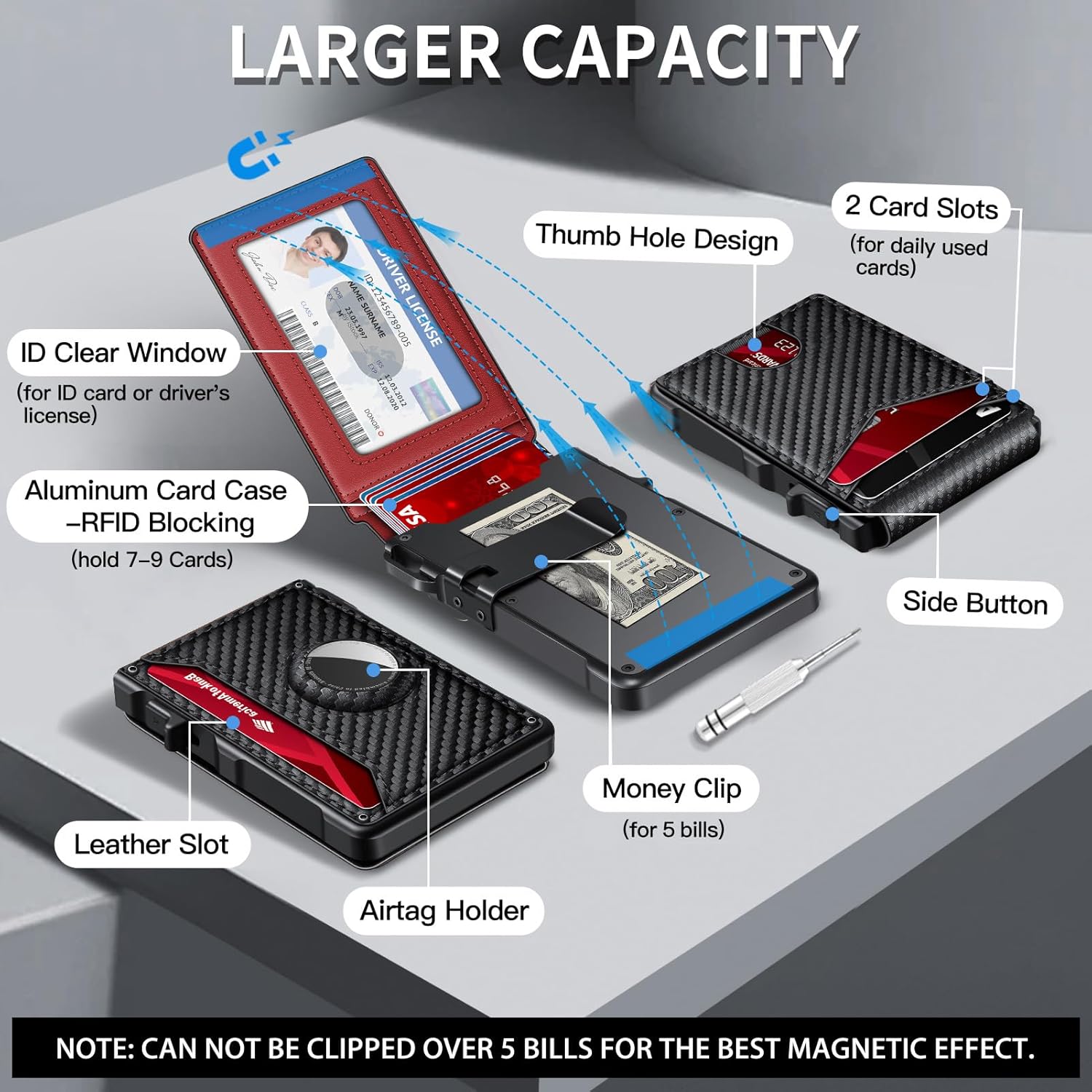 Airtag Wallet for Men, Mens Smart Wallet for Air Tag RFID Blocking, Minimalist Bifold Pop Up Aluminum Credit Card Case Holder 12+ Cards with ID Window, Gift for Men, No Airtag Included, Carbon Fiber