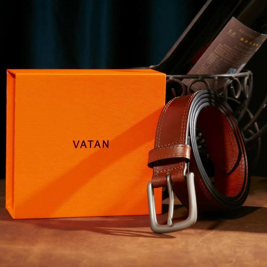 VATAN Men's Genuine Leather Casual Every Day Jeans Belts, Handmade Men Leather Belt with Gift Box