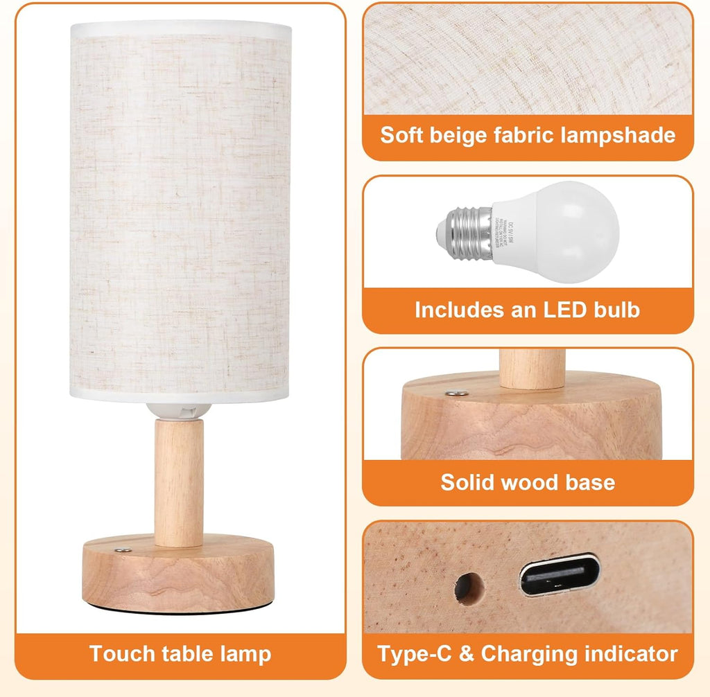 Small Bedside Table Lamp for Bedroom, Minimalist Wood Base & Round Fabric Shade, Mini Cute Cozy Warm White Nightstand Boho Lamp, Study Desk Night Stand Light for Room, Dorm, Nursery, Living Room