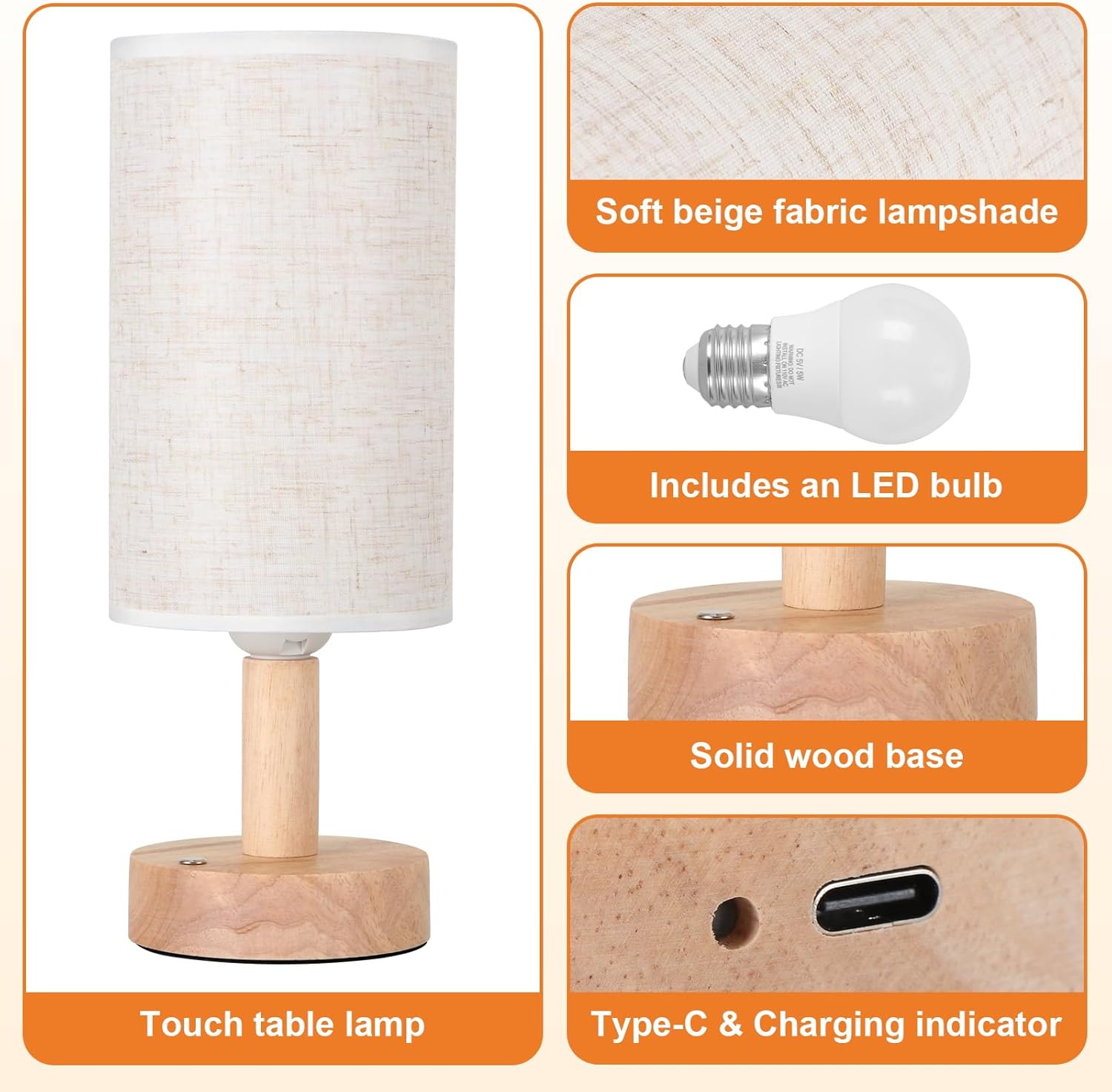 Small Bedside Table Lamp for Bedroom, Minimalist Wood Base & Round Fabric Shade, Mini Cute Cozy Warm White Nightstand Boho Lamp, Study Desk Night Stand Light for Room, Dorm, Nursery, Living Room