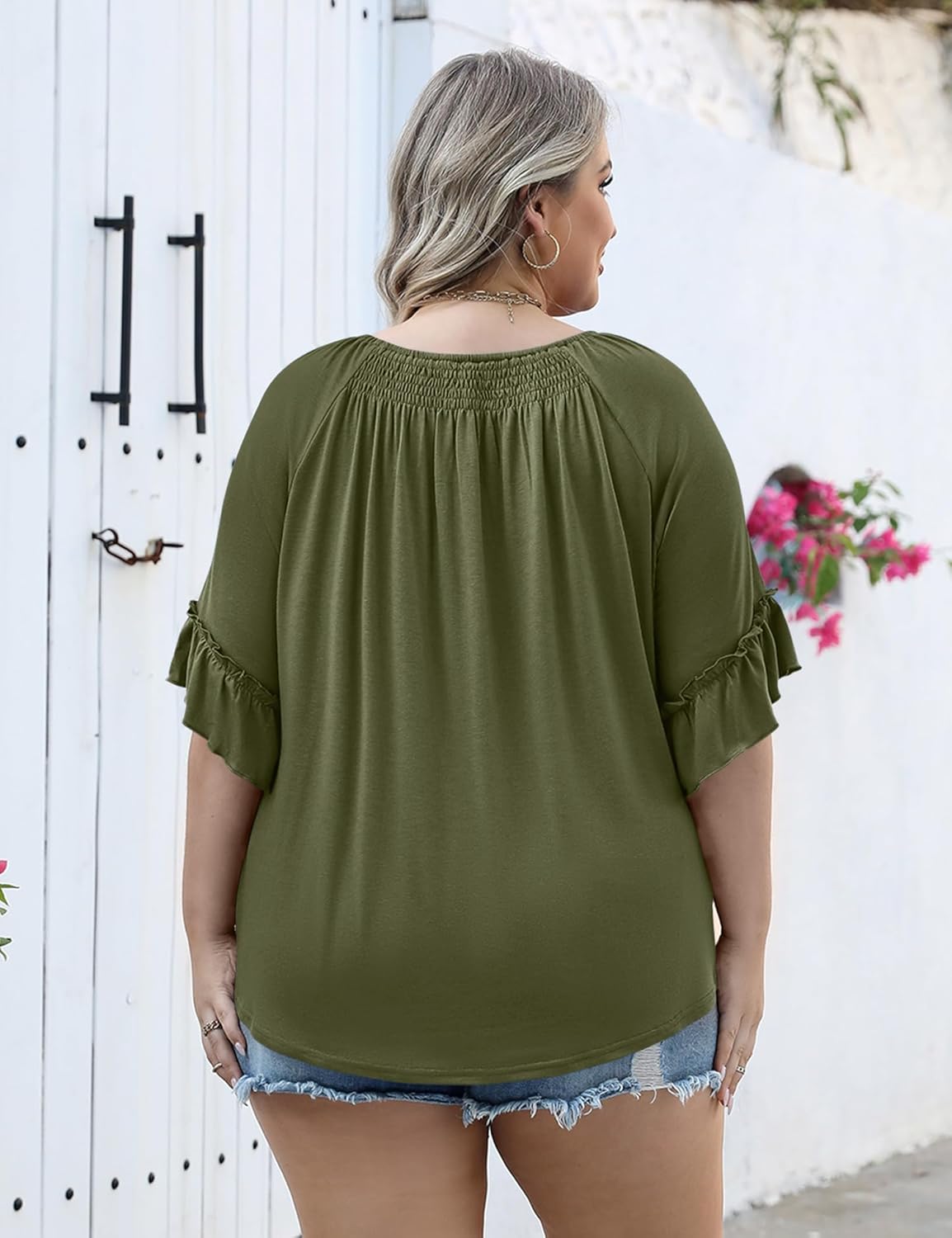 Micoson Womens Plus Size Tops 3/4 Ruffle Sleeve Shirts Crewneck Pleated Blouses Dressy Casual Fashion Tunic Top (1X-5X)