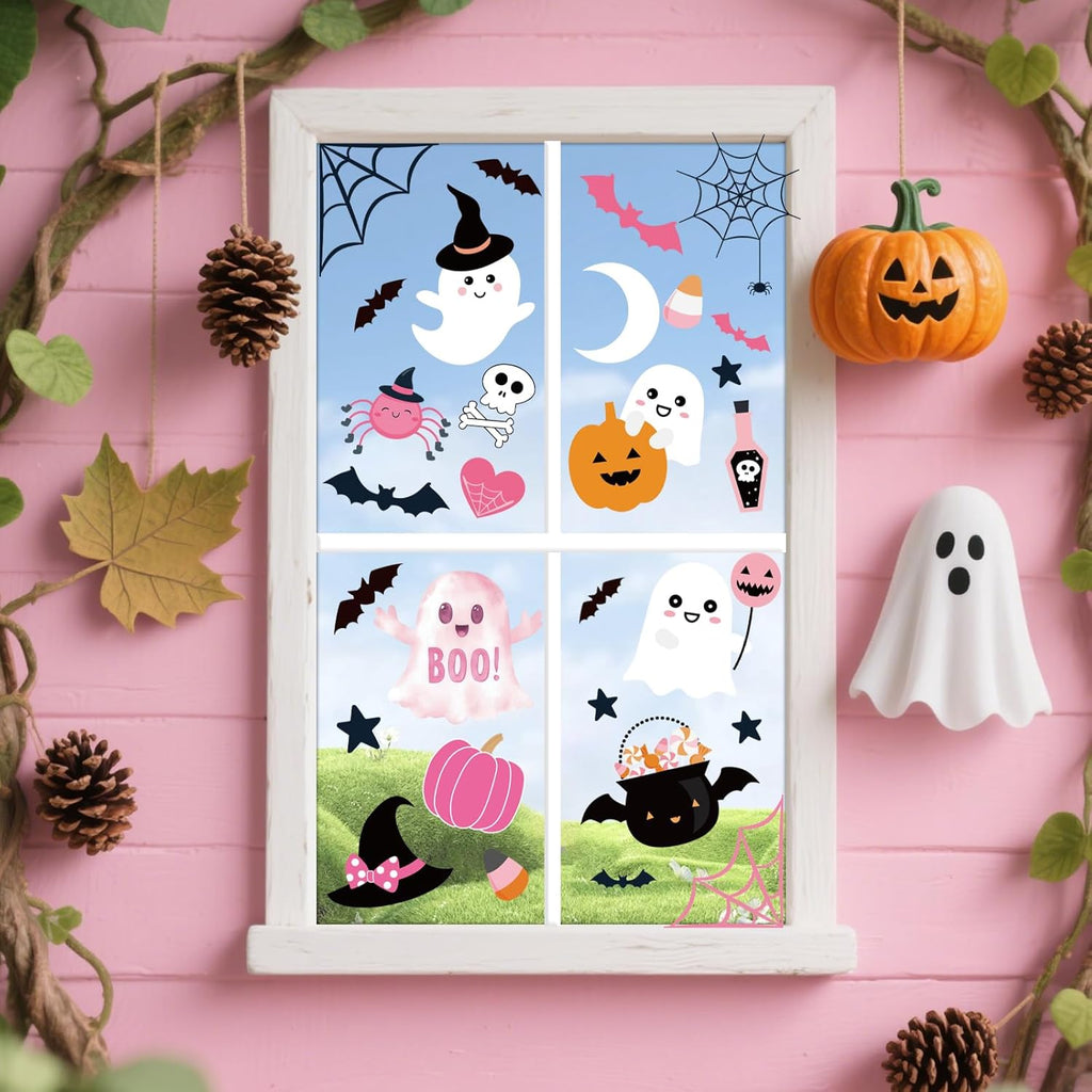 Pink Halloween Window Clings Decor, Cute Window Stickers Decoration, Ghost Bat Pumpkin Decals for Home Classroom Kids Rooms, 9 Sheets