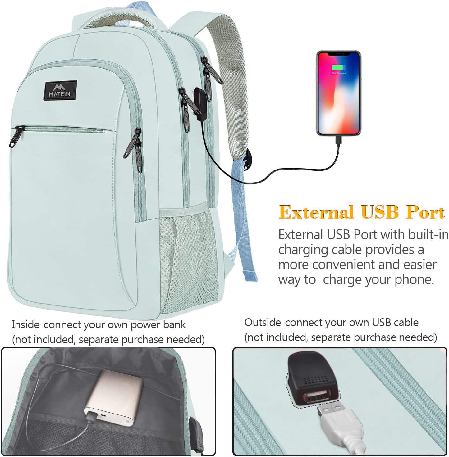 MATEIN Travel Laptop Backpack, Business Anti Theft Slim Sturdy Laptops Backpack with USB Charging Port, Water Resistant College School Computer Bag Gift for Men & Women Fits 15.6 Inch Notebook, Grey