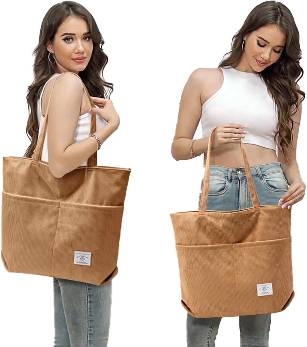 KALIDI Women Corduroy Tote Bag Zipper Casual Tote's Handbag Big Capacity Shoulder Bag with Pockets