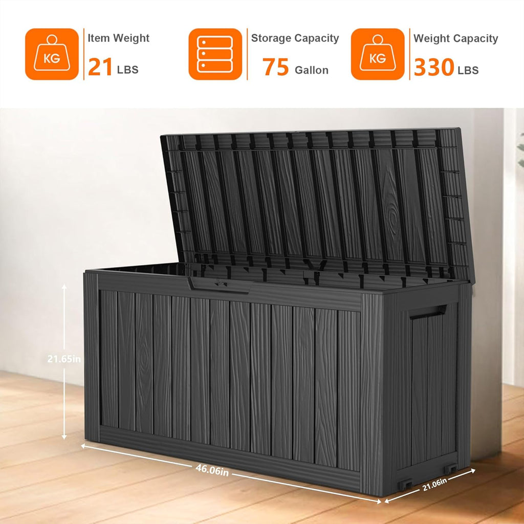 80 Gallon Resin Deck Box, Lockable Patio Outdoor Storage Box for Furniture, Garden Tools and Tools Storage, Waterproof Outside Storage Box - Black