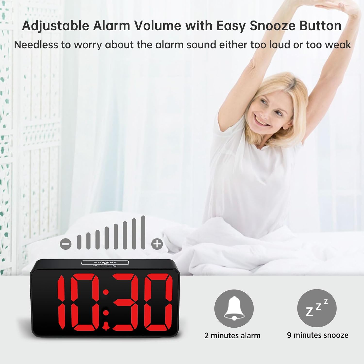 DreamSky Small Digital Alarm Clock for Bederoom, Large Big Numbers Display with Dimmer for Living Room, Electric Bedside Desk Clock with USB Charging Port, Adjustable Volume, USB-C Adapter Powered