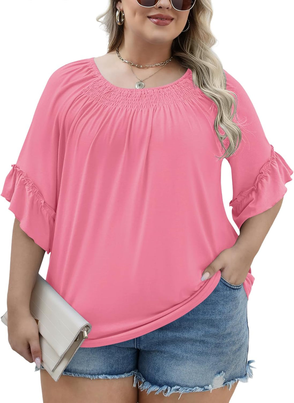 Micoson Womens Plus Size Tops 3/4 Ruffle Sleeve Shirts Crewneck Pleated Blouses Dressy Casual Fashion Tunic Top (1X-5X)